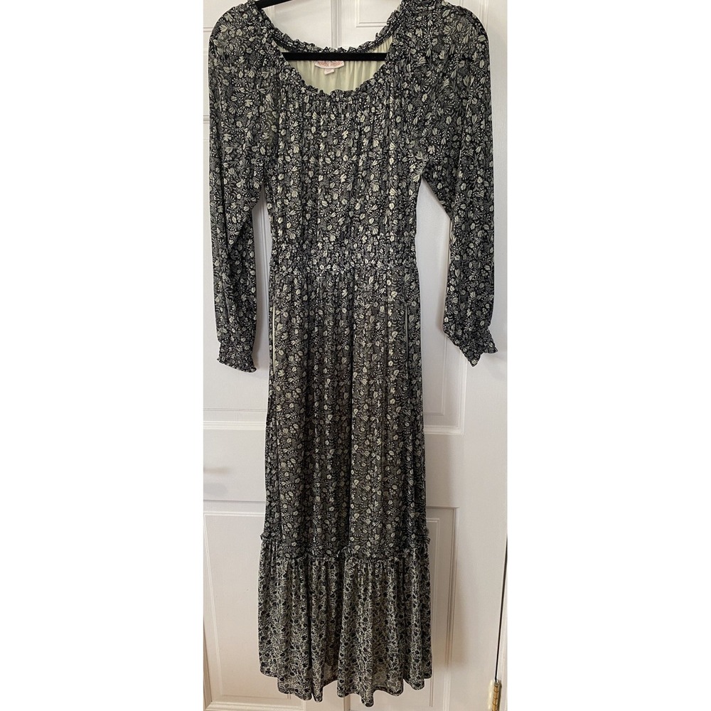 Knox Rose Black Tan Floral Dress SZ S Cottagecore Boho Smocked Maxi Tiered Lined
